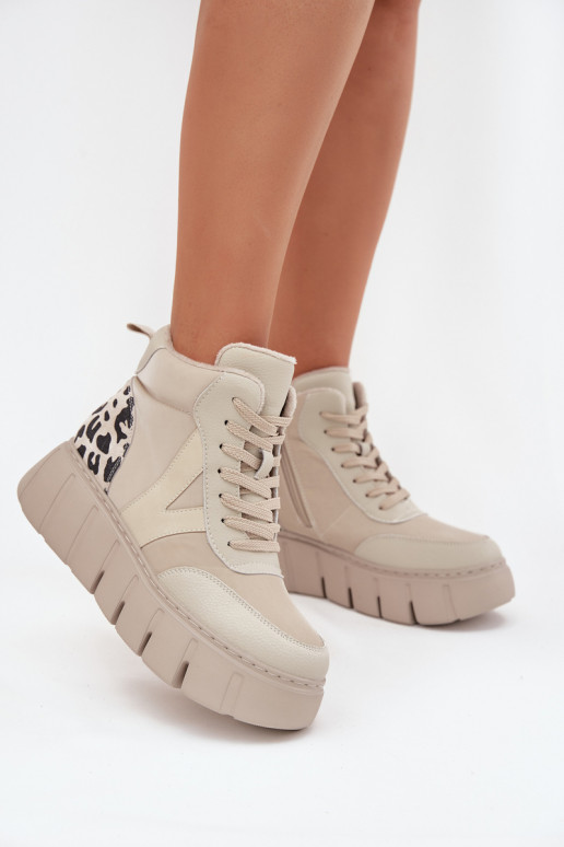 Botins femininos de couro bege quentes com plataforma Vinceza 66838