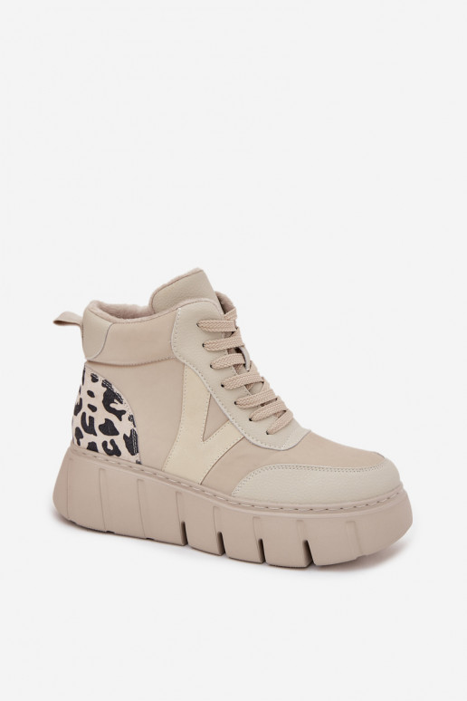 Botins femininos de couro bege quentes com plataforma Vinceza 66838