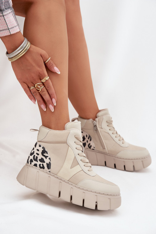 Botins femininos de couro bege quentes com plataforma Vinceza 66838