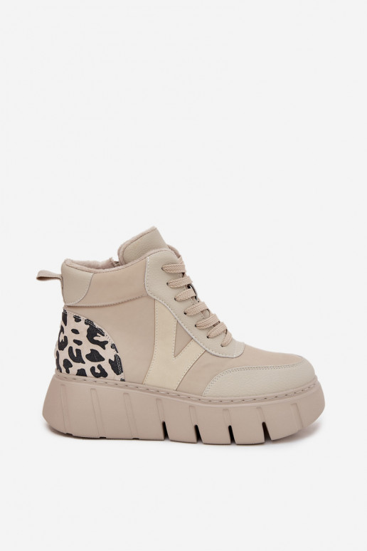 Botins femininos de couro bege quentes com plataforma Vinceza 66838