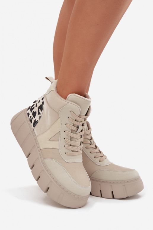 Botins femininos de couro bege quentes com plataforma Vinceza 66838