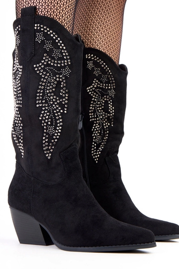 Botas cowboy pretas de salto baixo com zircônias "Masura"