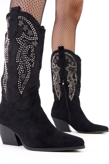 Botas cowboy pretas de salto baixo com zircônias "Masura" 2