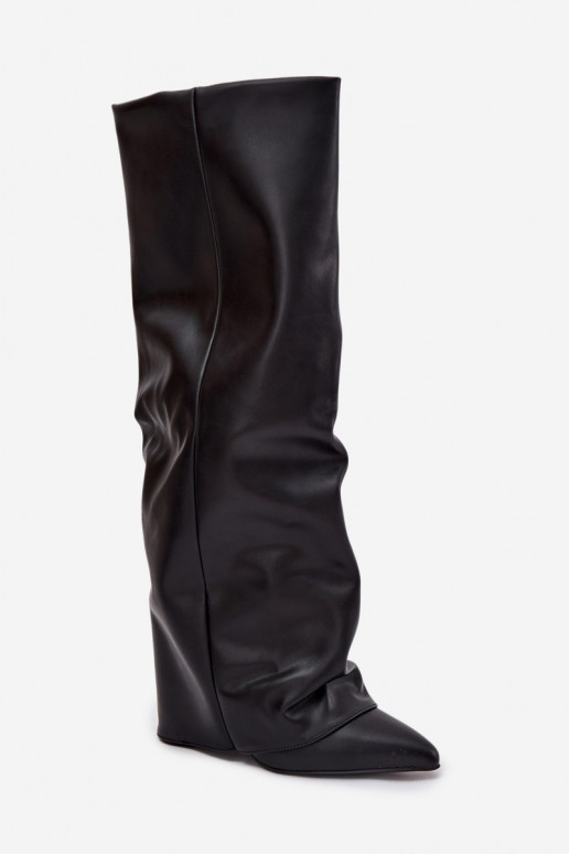 Botas de cano alto femininos aquecidos com cholewa costurada e saltos, cor preta, Elivira Botas de cano alto femininos aquecidos com cholewa costurada e saltos, cor preta, Elivira