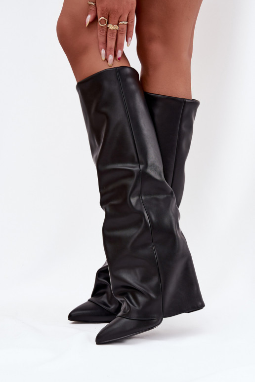 Botas de cano alto femininos aquecidos com cholewa costurada e saltos, cor preta, Elivira Botas de cano alto femininos aquecidos com cholewa costurada e saltos, cor preta, Elivira
