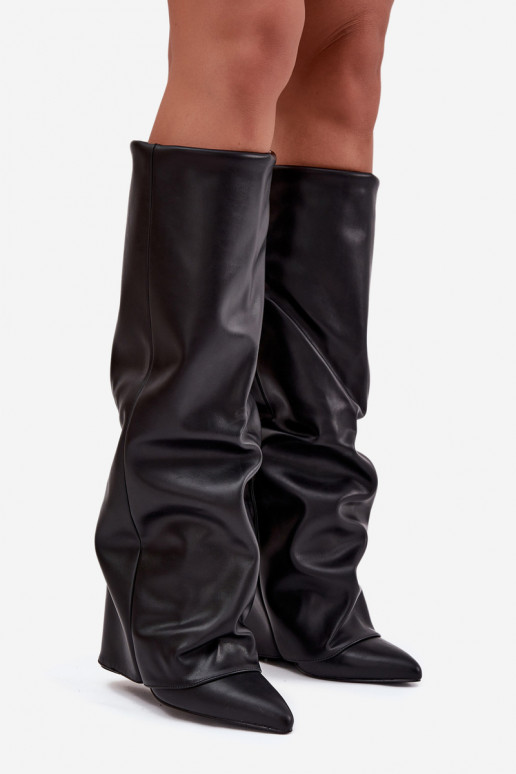 Botas de cano alto femininos aquecidos com cholewa costurada e saltos, cor preta, Elivira Botas de cano alto femininos aquecidos com cholewa costurada e saltos, cor preta, Elivira