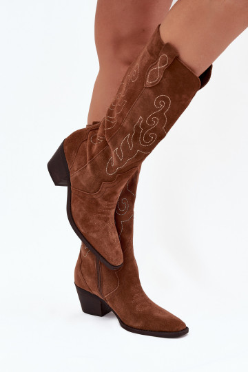 de camurça botas estilo vaqueiro Feminino com salto cor marrom Karira