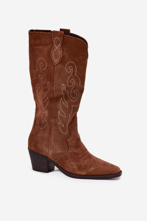 de camurça botas estilo vaqueiro Feminino com salto cor marrom Karira