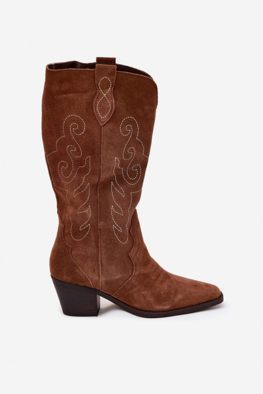 de camurça botas estilo vaqueiro Feminino com salto cor marrom Karira