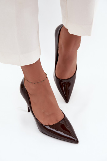 com efeito verniz Eko Pele sapatos de salto alto Feminino Ze Szpiczastymi Noskami CzekoladoParae Jadira