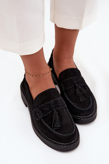 mocassins femininos de camurça com franjas D&A TEM107 cor preta