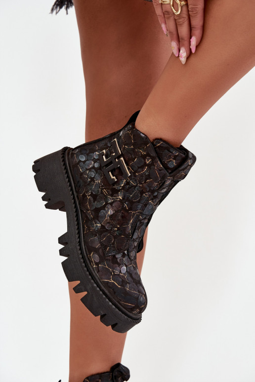 Pele Botas femininas com enfeites aquecimento Artiker 57C2084 Preto e-cor dourada