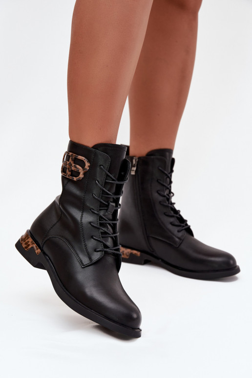 Pele Botas femininas com salto largo com enfeites aquecimento Artiker 57C1064 cor preta