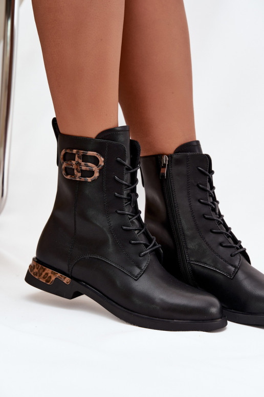 Pele Botas femininas com salto largo com enfeites aquecimento Artiker 57C1064 cor preta