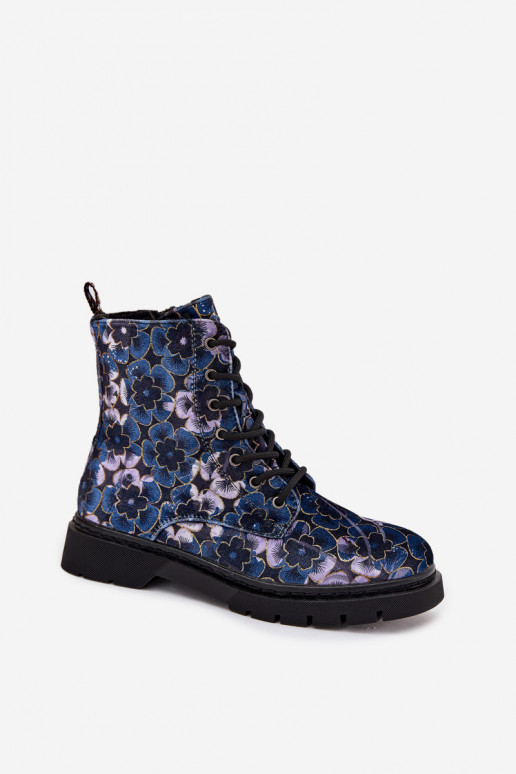 Botas femininas aquecimento com flores Artiker 57C1052 azul escuro