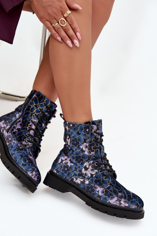 Botas femininas aquecimento com flores Artiker 57C1052 azul escuro