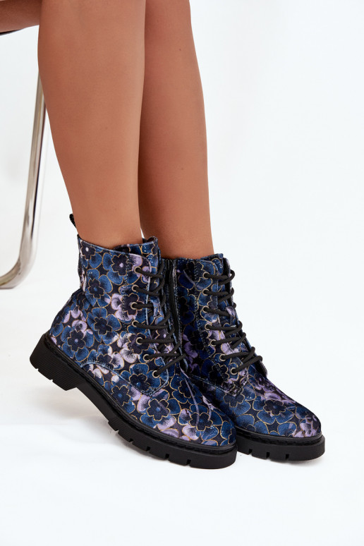 Botas femininas aquecimento com flores Artiker 57C1052 azul escuro