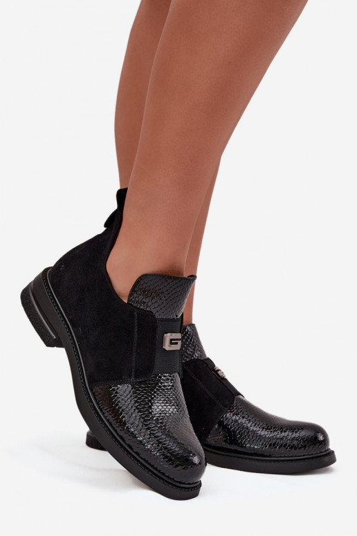 com efeito verniz sapatos de salto baixo para mulheres com salto aquecimento Vinceza 58560 cor preta