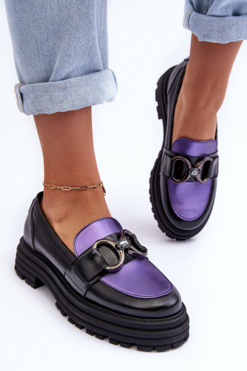 Botins de couro com sola maciça Preto e-Cor violeta Elkiza