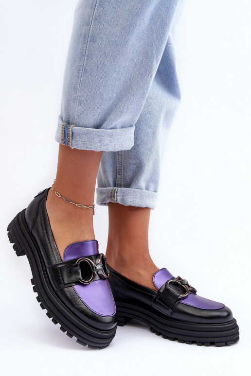 Botins de couro com sola maciça Preto e-Cor violeta Elkiza