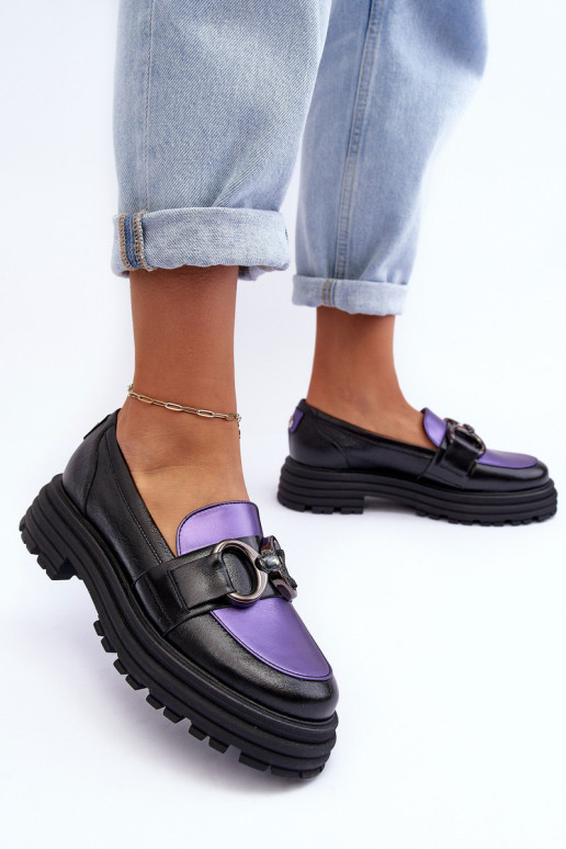 Botins de couro com sola maciça Preto e-Cor violeta Elkiza