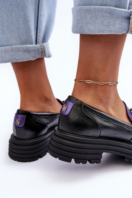 Botins de couro com sola maciça Preto e-Cor violeta Elkiza