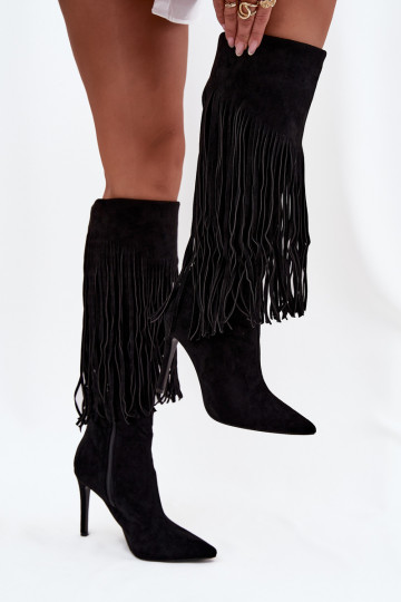 Botas femininas de cano longo pretas com saltos finos e franjas Isalune 2