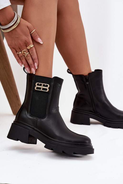 Botas femininas pretas quentes de cano curto com detalhes dourados Serene