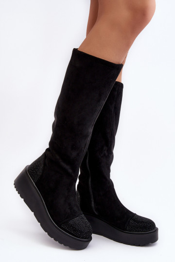 botas femininas de camurça com uma plataforma S.Barski HY53-8 cor preta