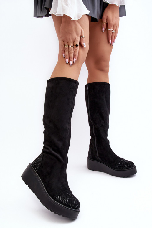 botas femininas de camurça com uma plataforma S.Barski HY53-8 cor preta botas femininas de camurça com uma plataforma S.Barski HY53-8 cor preta
