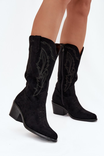 Botas femininas altas em estilo cowboy com saltos aquecidos Vinceza 16508 na cor preta 2