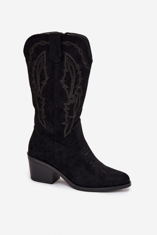 Botas femininas altas em estilo cowboy com saltos aquecidos Vinceza 16508 na cor preta Botas femininas altas em estilo cowboy com saltos aquecidos Vinceza 16508 na cor preta
