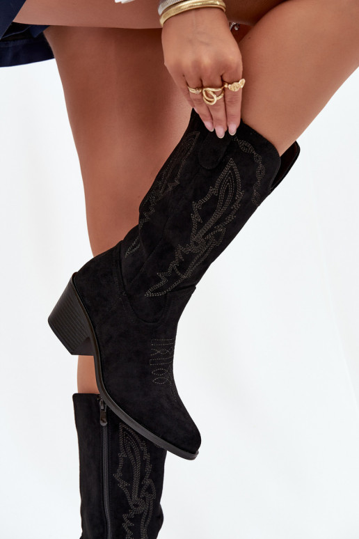 Botas femininas altas em estilo cowboy com saltos aquecidos Vinceza 16508 na cor preta Botas femininas altas em estilo cowboy com saltos aquecidos Vinceza 16508 na cor preta