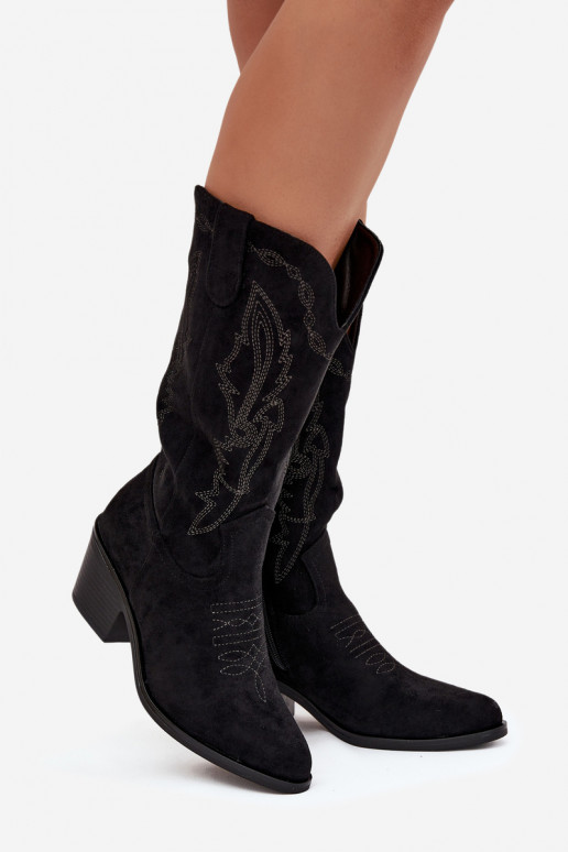 Botas femininas altas em estilo cowboy com saltos aquecidos Vinceza 16508 na cor preta Botas femininas altas em estilo cowboy com saltos aquecidos Vinceza 16508 na cor preta