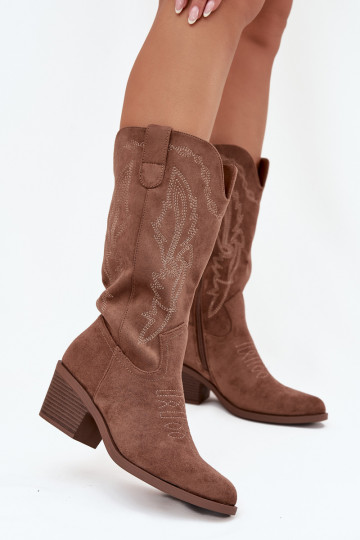 Botas femininas altas em estilo cowboy com saltos aquecidos Vinceza 16508 na cor areia 2