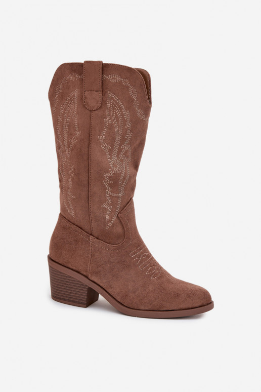 Botas femininas altas em estilo cowboy com saltos aquecidos Vinceza 16508 na cor areia