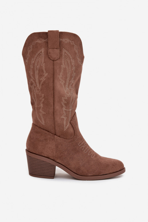 Botas femininas altas em estilo cowboy com saltos aquecidos Vinceza 16508 na cor areia