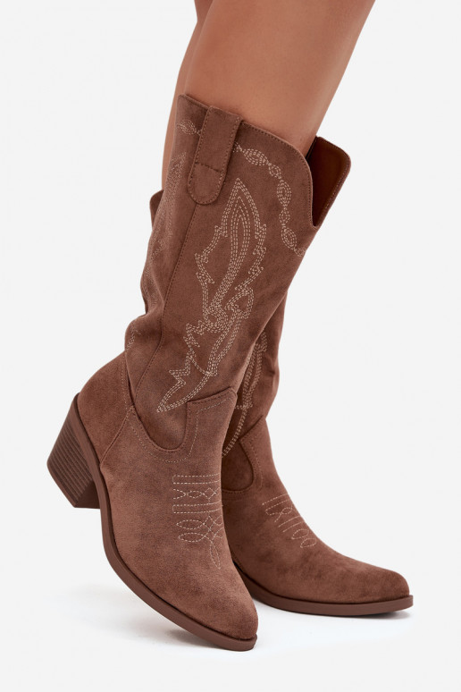 Botas femininas altas em estilo cowboy com saltos aquecidos Vinceza 16508 na cor areia