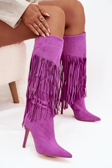 Botas femininas longas com saltos finos e franjas na cor violeta Isalune