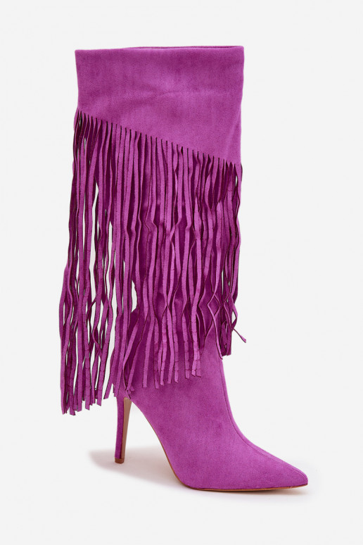 Botas femininas longas com saltos finos e franjas na cor violeta Isalune Botas femininas longas com saltos finos e franjas na cor violeta Isalune