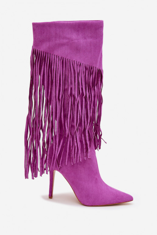 Botas femininas longas com saltos finos e franjas na cor violeta Isalune Botas femininas longas com saltos finos e franjas na cor violeta Isalune