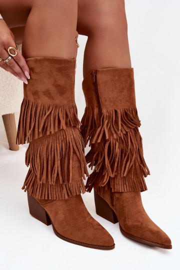 Botas longas de estilo cowboy forradas com franjas na cor marrom Brivina