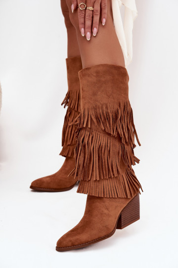Botas longas de estilo cowboy forradas com franjas na cor marrom Brivina 2