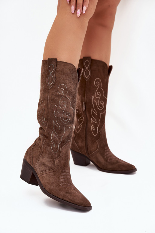 Botas de camurça femininos de cano longo estilo cowboy com saltos, marrons, Karira Botas de camurça femininos de cano longo estilo cowboy com saltos, marrons, Karira