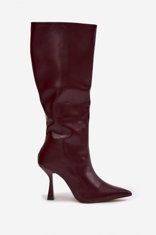 Botas de cano alto bordô femininas com saltos finos até o joelho Vionette
