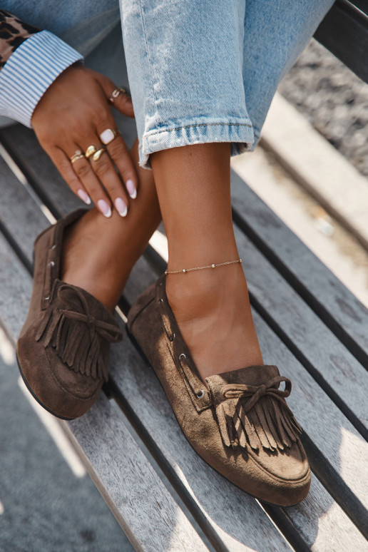 Mocassins femininos com franjas e laço na cor caqui "Olivianne" Mocassins femininos com franjas e laço na cor caqui "Olivianne"