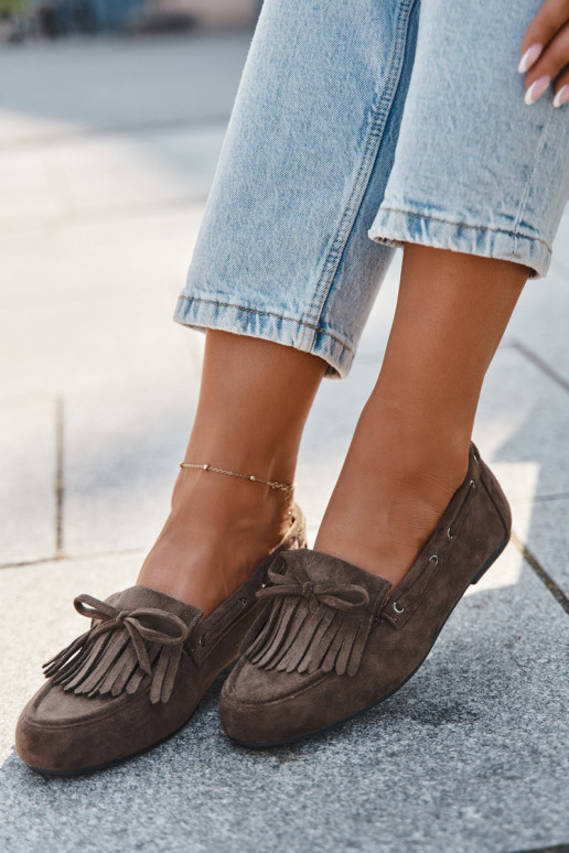 Mocassins femininos com franjas e laço na cor caqui "Olivianne" Mocassins femininos com franjas e laço na cor caqui "Olivianne"