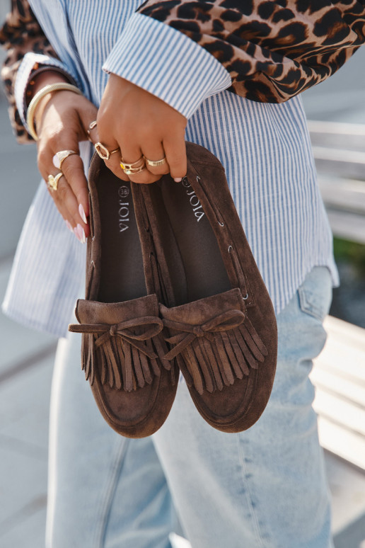 Mocassins femininos com franjas e laço na cor caqui "Olivianne" Mocassins femininos com franjas e laço na cor caqui "Olivianne"