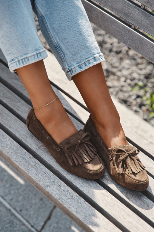 Mocassins femininos com franjas e laço na cor caqui "Olivianne" Mocassins femininos com franjas e laço na cor caqui "Olivianne"