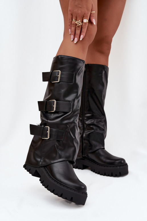 Botas femininas de cano longo acolchoadas com fivelas prateadas na cor preta "Isavine"